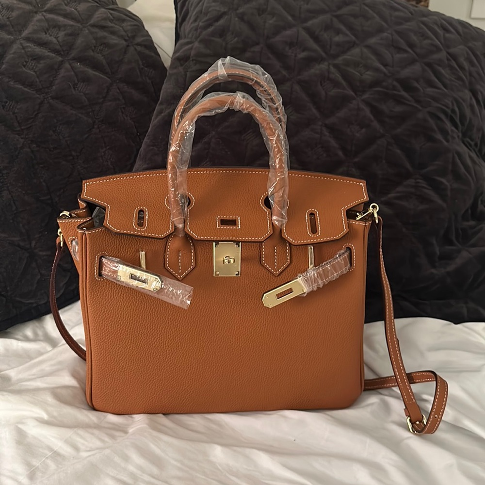 Brown Litchi Grain soft Leather Satchel Bag